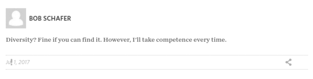 “Bob Schafer comments “Diversity? Fine if you can find it. However, I’ll take competence every time.” on WSJ article.”