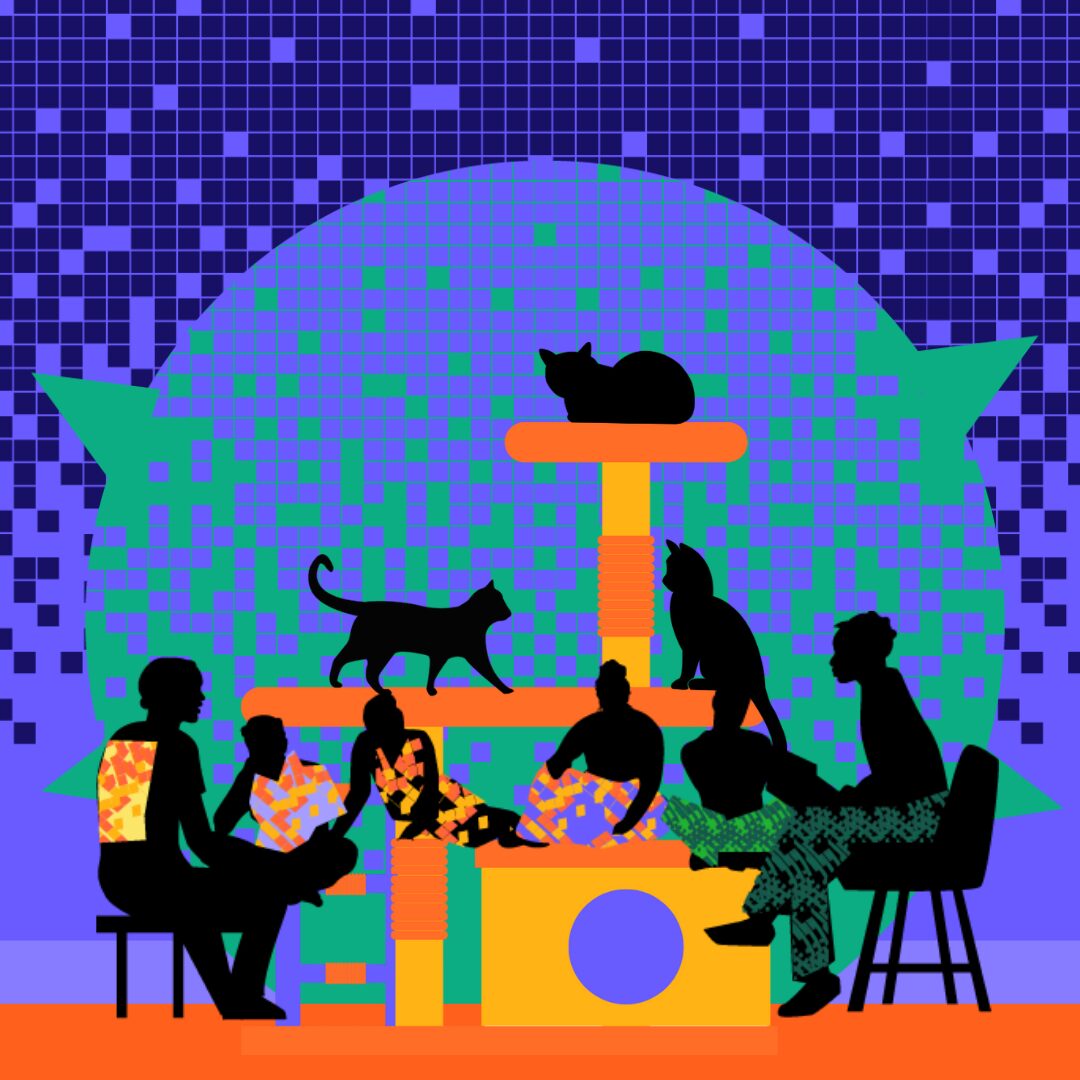 image of cats and humans sitting together.